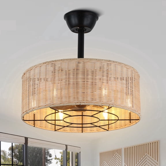 Chords Attic 18" Boho Caged Woven Rattan Ceiling Fan with Lights and Remote Control,  Farmhouse Chandelier Ceiling Fan