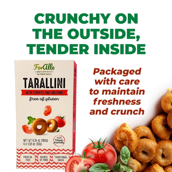 For Alle Gluten Free Tarallini with Tomato and Oregano, 6x1.05 oz (6.34 oz) – Traditional Italian Pugliese Snack. Oven-Baked. Vegan. Cholesterol-Free. (Pack of 2)