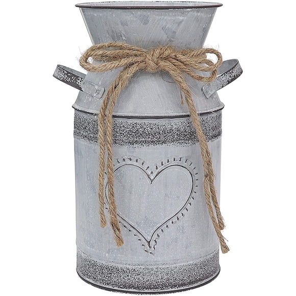 Fovasen Shabby Chic Vintage Vase Rustic Farmhouse Vase Pitcher Jug Vase for Flowers,Galvanized Milk Can with Love-Shaped Designed for Garden Wedding Home Office Decor -7.5"