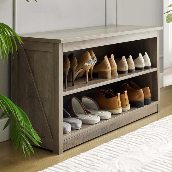 Entryway Bench with Shoe Storage, 2-Tier Shoe Shelf Organizer for Entryway, Wooden Shoe Rack for Home, Living Room, Hallway, Grey