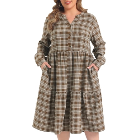GRACE & GRANDEUR Women's Plus Size Plaid A-Line Dress Button Front Notch Neck Long Sleeve Tiered Casual Dresses with Pockets 1X Brown