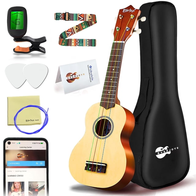 Everjoys Paquete para principiantes de ukelele soprano de 21 pulgadas con cuerda de arcoíris, bolsa para lecciones en línea gratuita, libro de canciones de aprendizaje rápido, selección de sintonizado