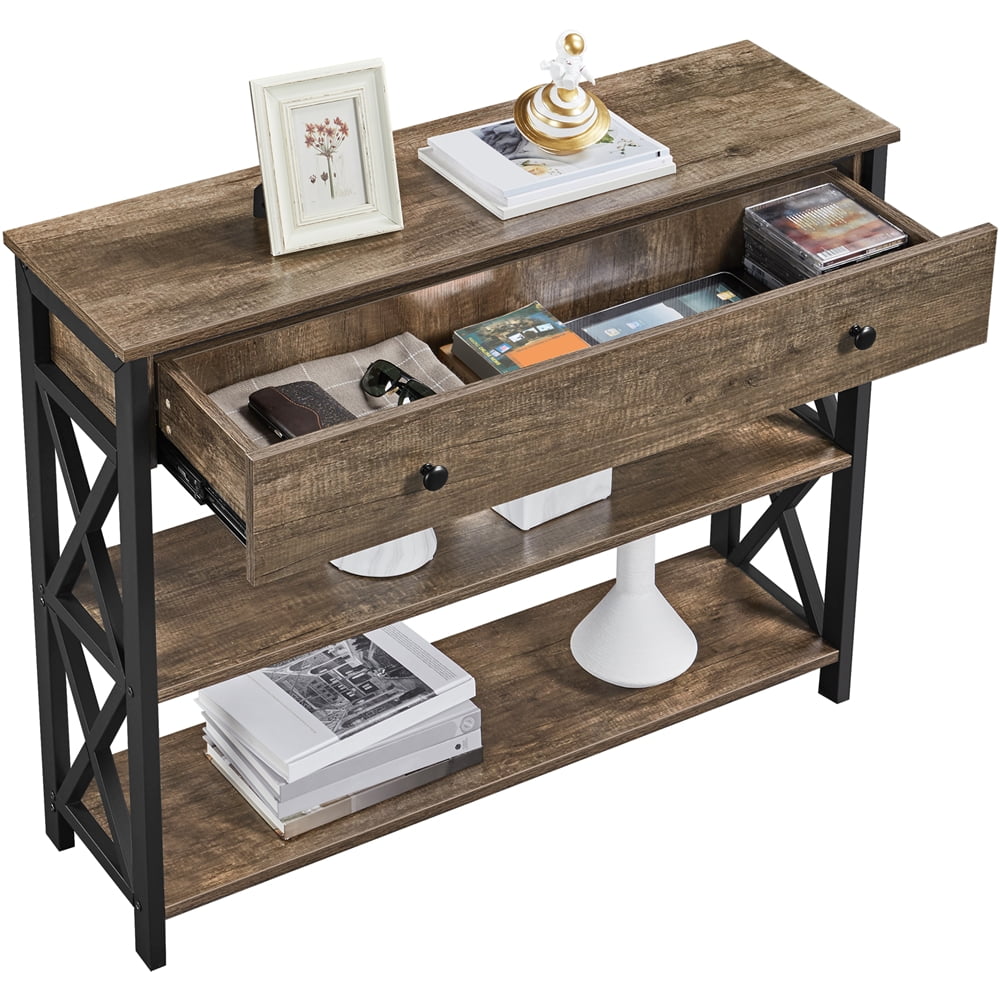 Renwick Wooden Console Table with 1 Drawer and 2 Shelves for Entryway Livingroom, Taupe Wood
