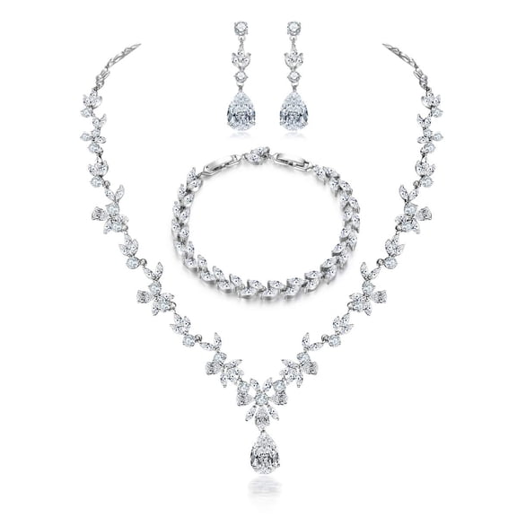 3pcs Wedding Jewelry Set for Women Bridal Cubic Zirconia Marquise Teardrop Leaf Cluster Y-Necklace Dangle Earrings Link Bracelet