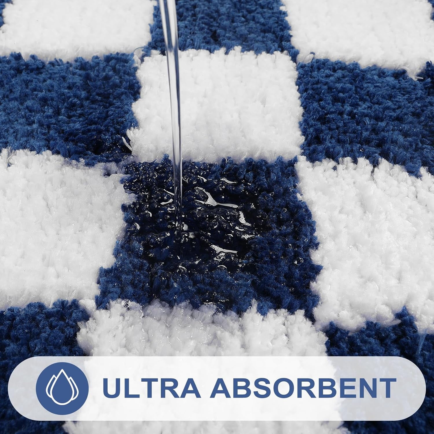 Blue Bathroom Rug Runner, Modern Plaid Checkered Bath Mat for Tub, Non Skid Washable Absorbent Bath Rug Runner, Plush Fluffy Microfiber Shower Mat for Bathroom Tub Shower, 18x47 inch