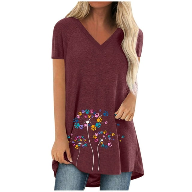 WEIYLL T-Shirts pour Femmes Grande Taille Imprimé Col en V Manches Courtes Longs T-Shirts Rouges Tailles TTTTG