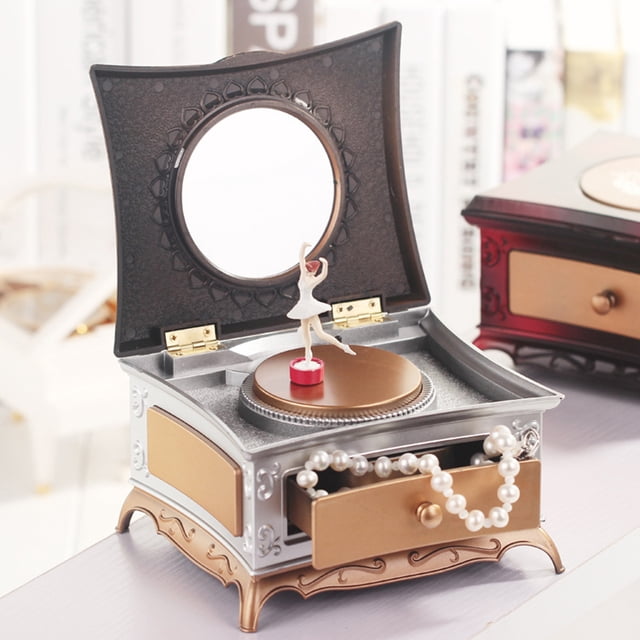 Trayknick Jewelry Box with Makeup Mirror Large Capacity Single-layer Drawer Rotatable Ballerina Girl Desk Organizer for Home Pink