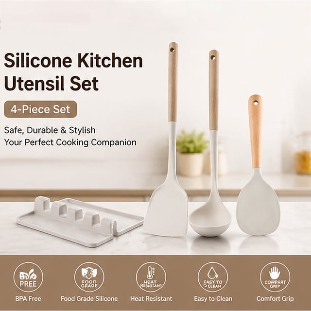 Silicone Kitchen Utensil Set, 4-Piece Heat-Resistant Cooking tools with Wooden Handles, Non-Scratch for Non-Stick Cookware, includes Spatula, Spoon, Rice Paddle, and Rest Tray