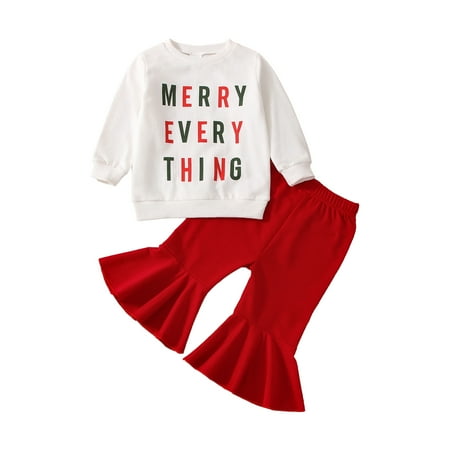 

Jkerther Kid Girls Christmas Pants Set Long Sleeve Letters Print Sweatshirt + Elastic Waist Flare Pants
