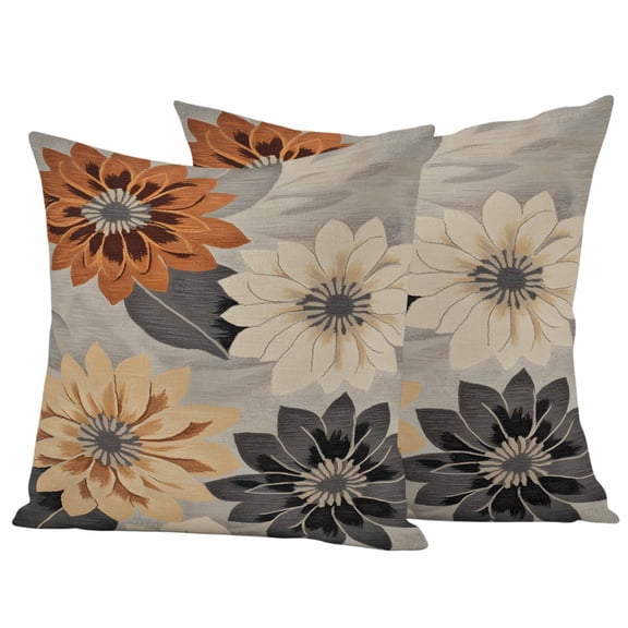 Burnt Orange Grey Black Flower Outdoor Waterproof Pillow Covers, Spring Floral Botanical Decorative Square Throw Pillowcase Sofa Cushion Sham for Patio/Couch/Chair, 18"x18" 2 Pack