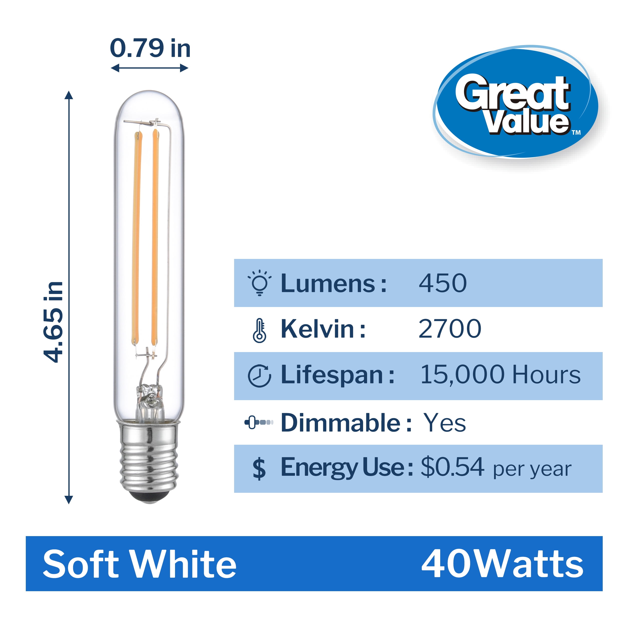 (2 pack) Great Value LED T6.5 Tubular Bulb, 4.5-Watt (40W Equivalent) E17 Base Dimmable Soft White (1 Pack)