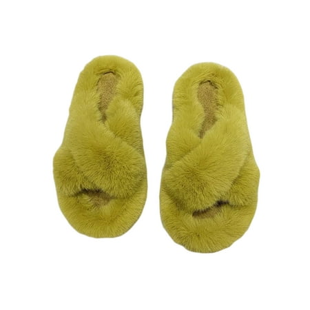 

Rockomi Women s Slippers Cross Srap Fuzzy Slipper Soft Plush Warm Shoes Ladies Anti-Slip Open Toe Slides Fashion Fluffy Home Shoe Yellow 6