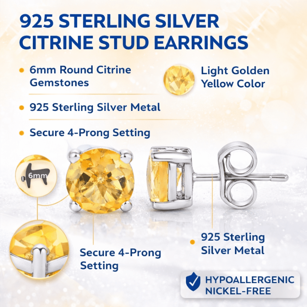 Femme Jam 925 Sterling Silver 6mm Round Citrine Stud Earrings, Yellow Gemstone Solitaire, Hypoallergenic Unisex Jewelry