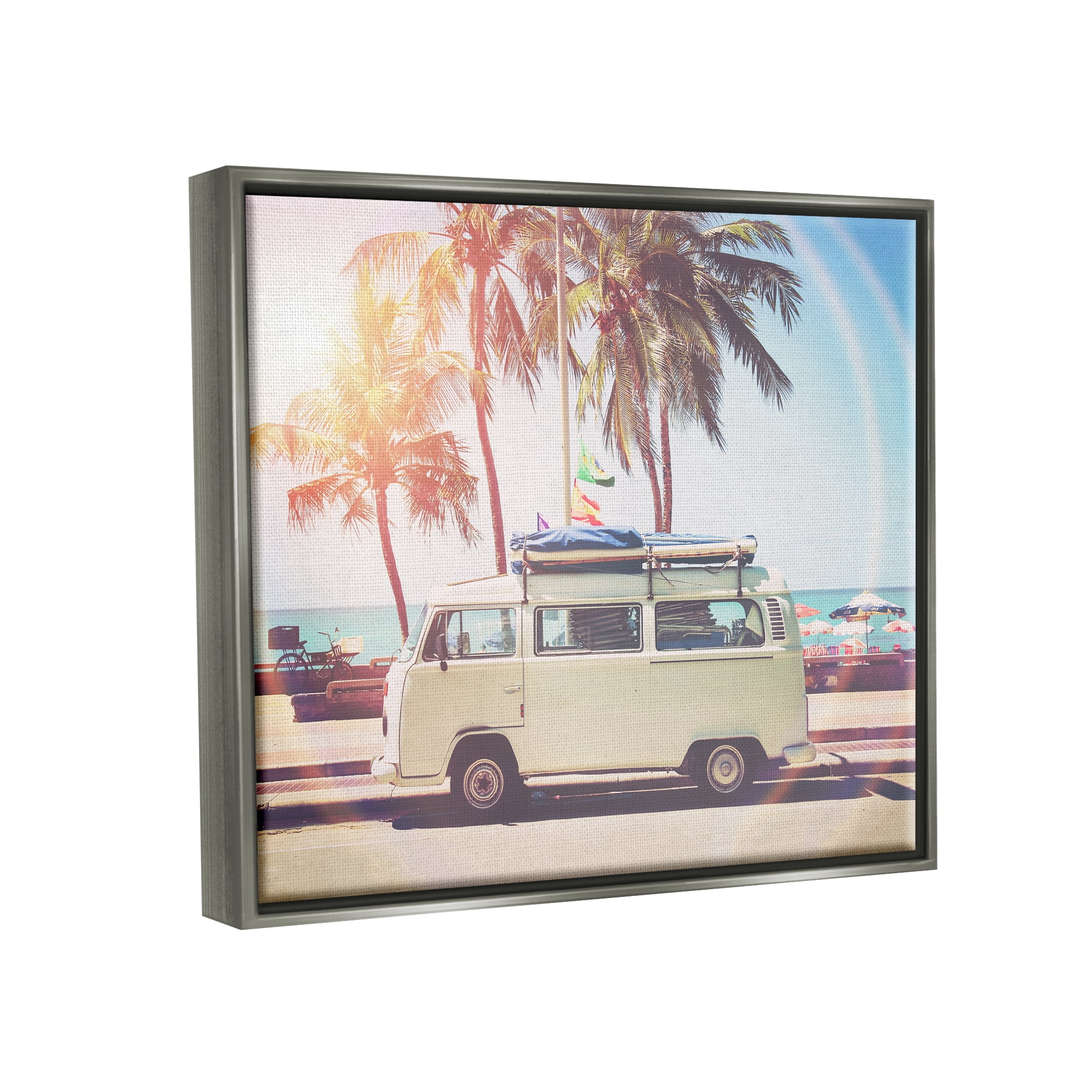 Stupell Industries Tropical Minibus on Beach Transportation Photography Gray Floater Framed Art Print Wall Art, 21 x 17