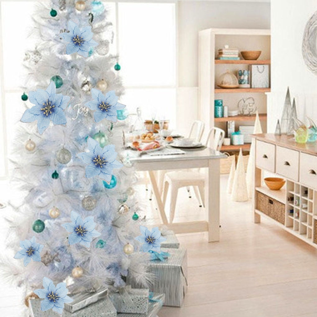 Irene Inevent 1pc Christmas Tree Decorative Fake Flower Artificial Glitter Flower Head Xmas Decoration - Blue