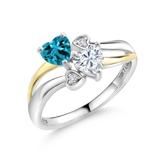 Gem Stone King 925 Silver and 10K Yellow Gold London Blue Topaz and White Moissanite and White Lab Grown Diamond Ring for Women (0.99 Cttw, November Birthstone, Heart Shape 5MM, Size 7)