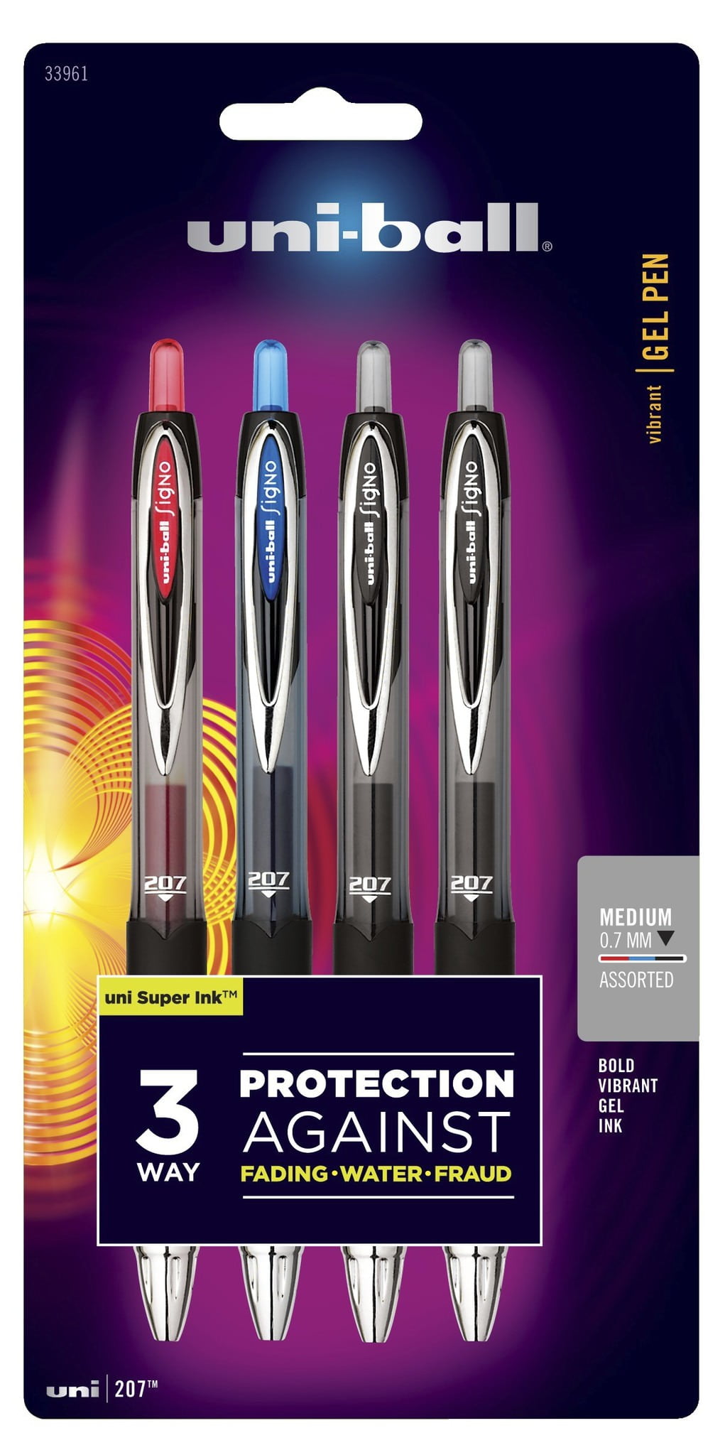 Uni-Ball 207 Gel 0.7mm Medium Retractable Pens Assorted 4pk Super Ink 33961PP