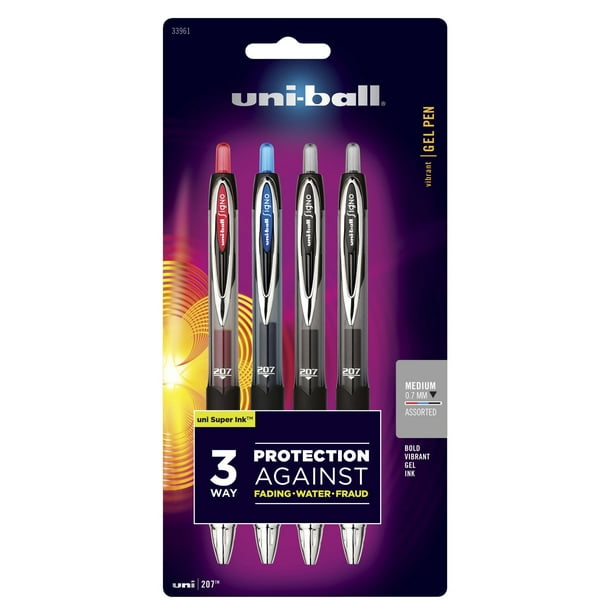 uniball 207 Retractable Gel Pens, Medium Point, Assorted, 4 Pack