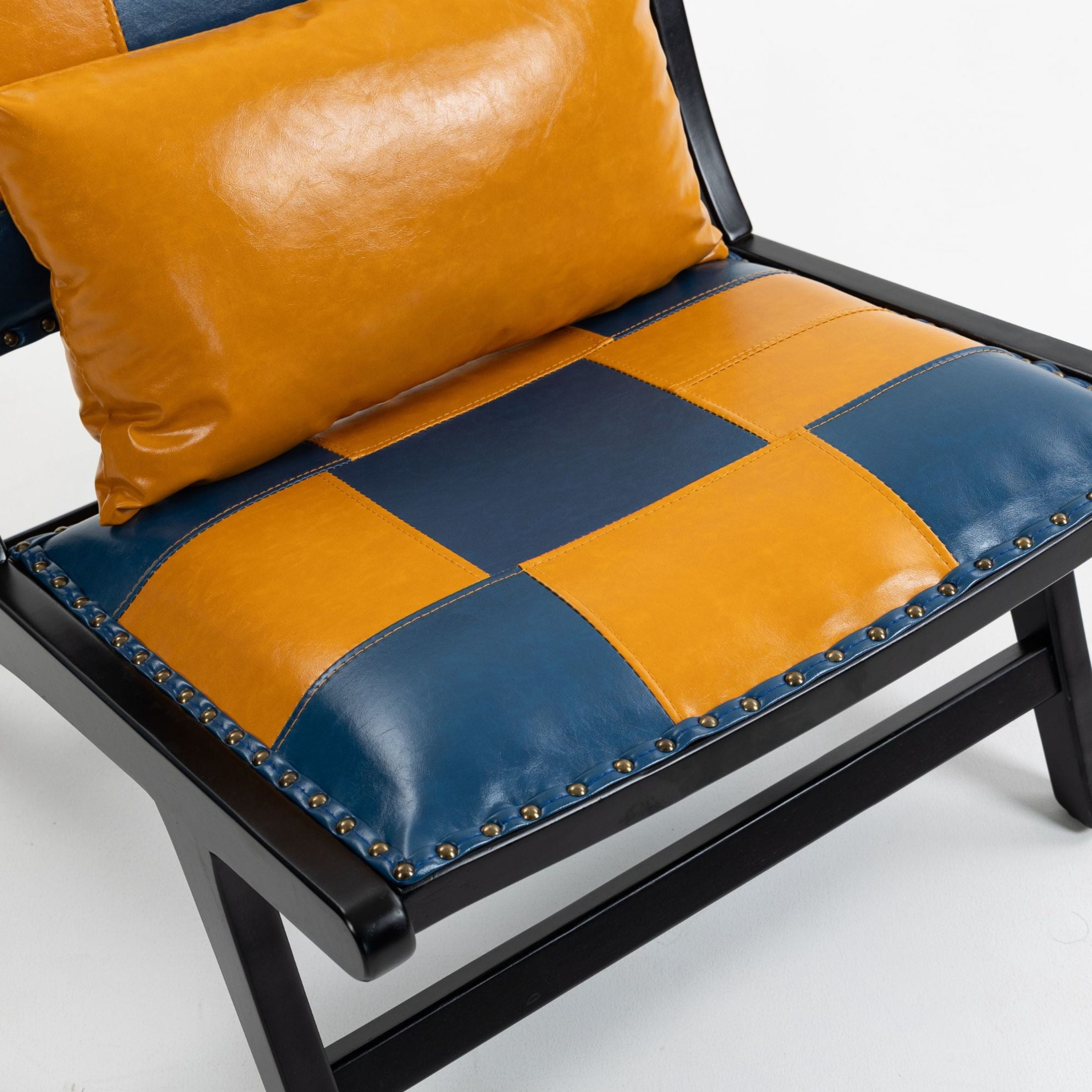 GDF Studio Alida Modern Boho Solid Wood Lounge Chair & Side Chair, PU Leather Upholstered Accent Chair, Blue & Yellow