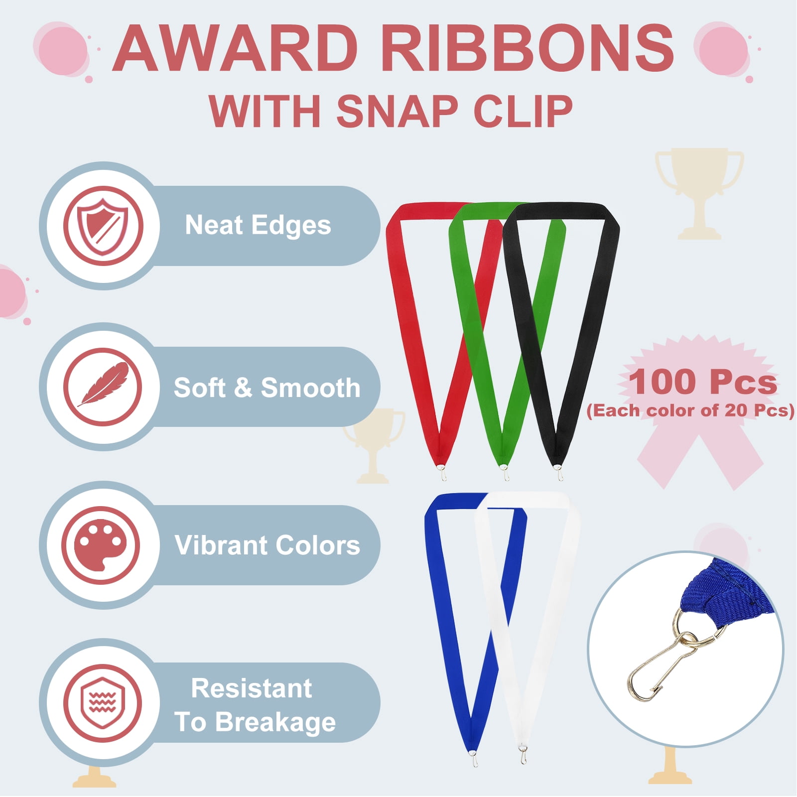 Uxcell Award Neck Ribbons with Snap Clips Polyester Medal Lanyards for Competitions 5 Color 100 Pack