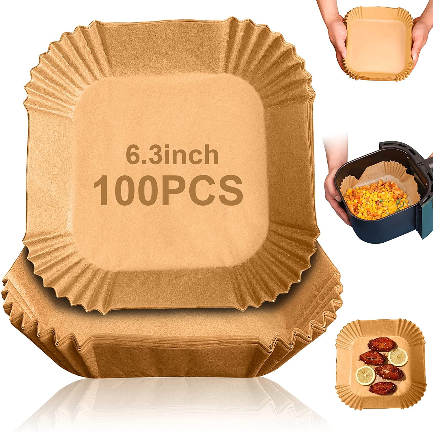 Comfitime Air Fryer Liners 6.3 Round/Square Disposable Parchment Paper Sheets, Unbleached, Non-Stick, Water/Oil/Greaseproof, Oven Baking Paper Liners