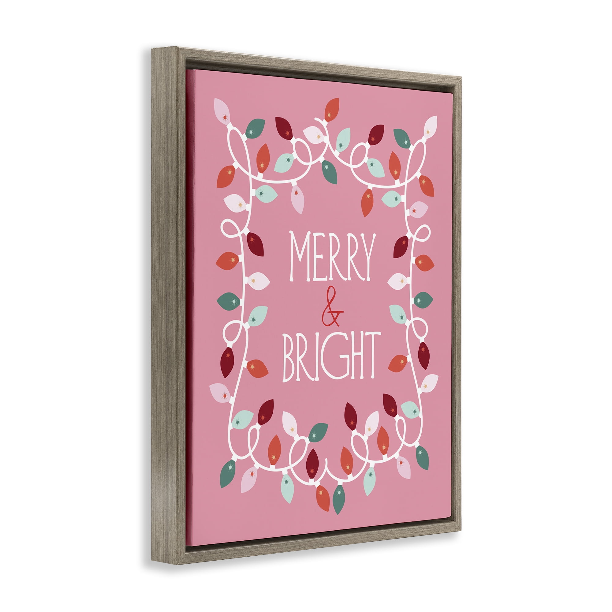 Stupell Industries Merry and Bright Pink Holiday Painting Brown Floater Framed Canvas Art Prints Wall Art, 17 x 21