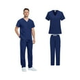thumbnail image 5 of Domuza Mens Scrubs Set Relaxed Fit Short Sleeve V-Neck Solid Color Top & Straight Leg Pants Soft Comfort Stretch Medical Workwear with Pockets Navy L, 5 of 5