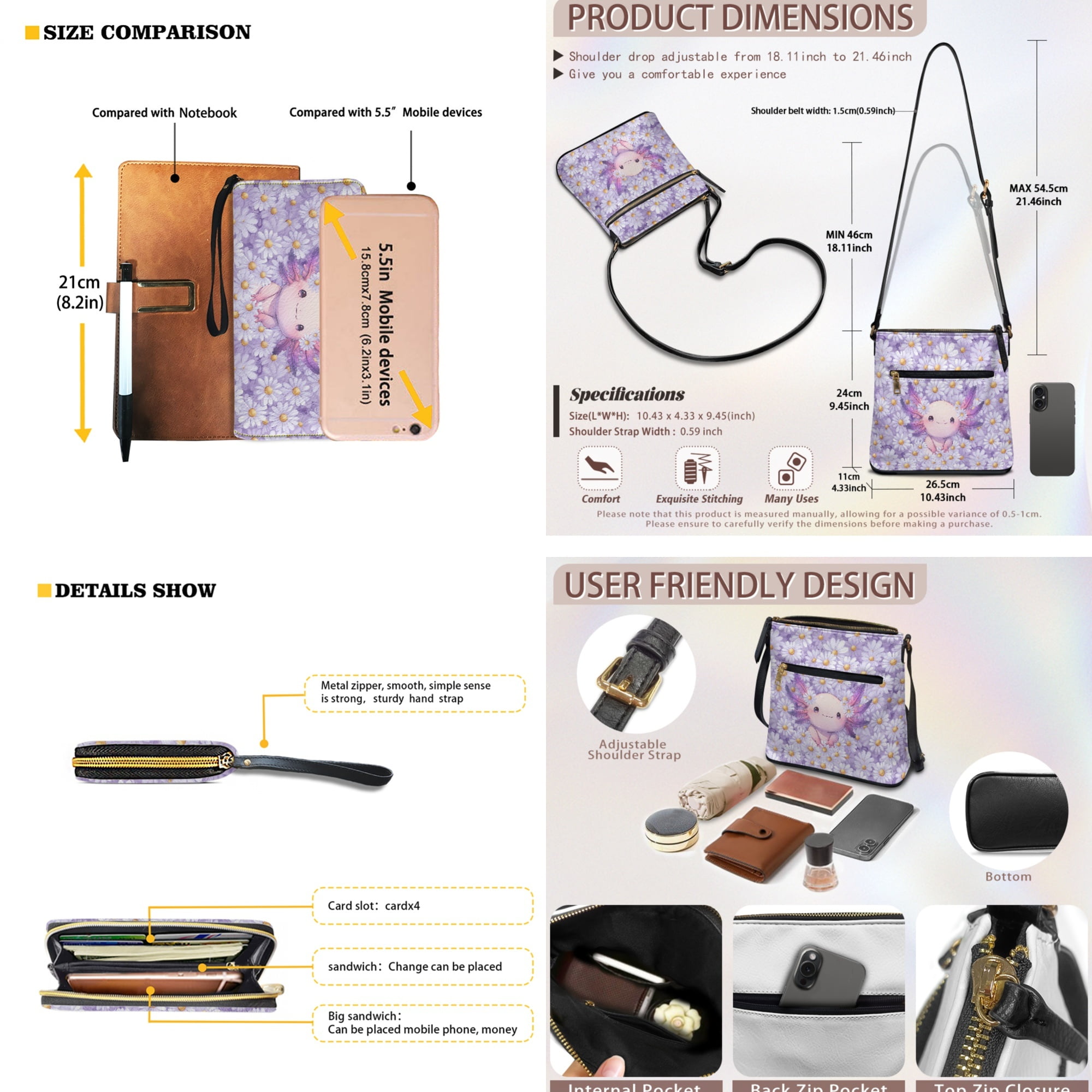 ZUXONGSY Axolotl Daisy Flower Print PU Leather Crossbody Hobo Purse & Wallet Set for Women, Multi-Pocket Messenger Shoulder Bag with Adjustable Strap