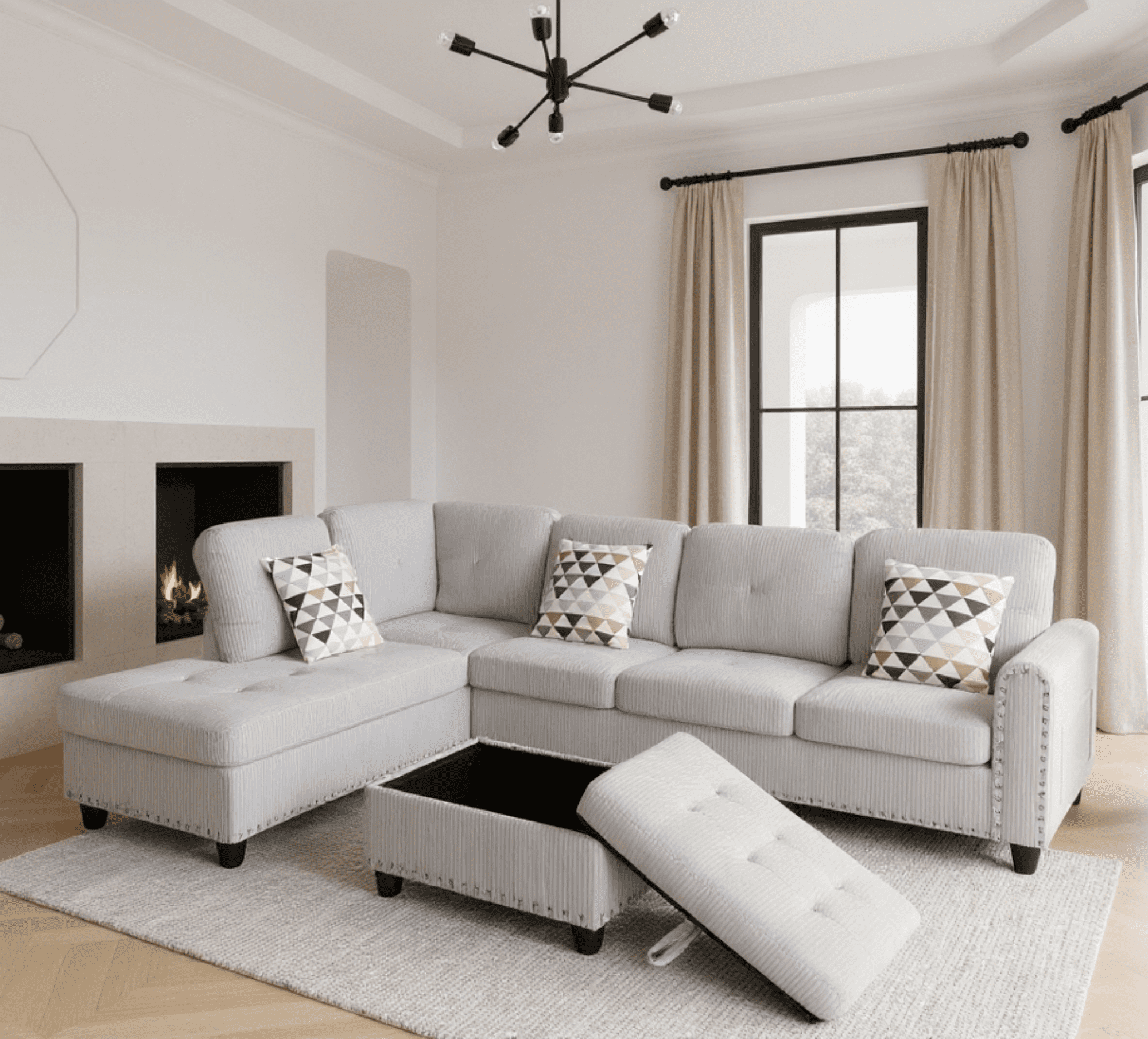 Gewnee 94.49” L-Shaped Modular Sectional Sofa with Nail Head-Design, with Storage Ottoman& 3 Headrests & 2 Built-in Cup Holders, Suitable for Living Rooms, Offices and Reception Rooms.Light Grey