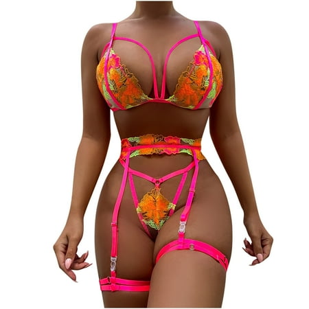 

HTNBO Lingerie Set for Women Lace Corset Underwear Bralette Bra Sexy Floral Hot Pink L