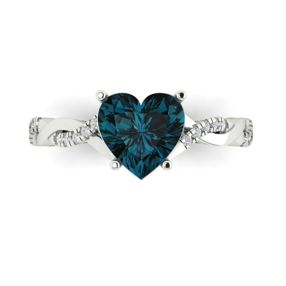 2.1ct Heart Cut Blue Natural London Blue Topaz 14k White Gold Engraving Statement Bridal Wedding Designer Ring Size 7.5