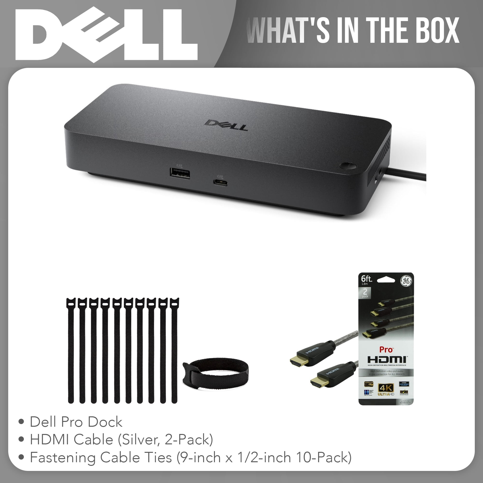 Dell WD25 Pro Dock - Universal 100W USB-C Docking Station Bundle with HDMI Cable and Ties (3 Items)