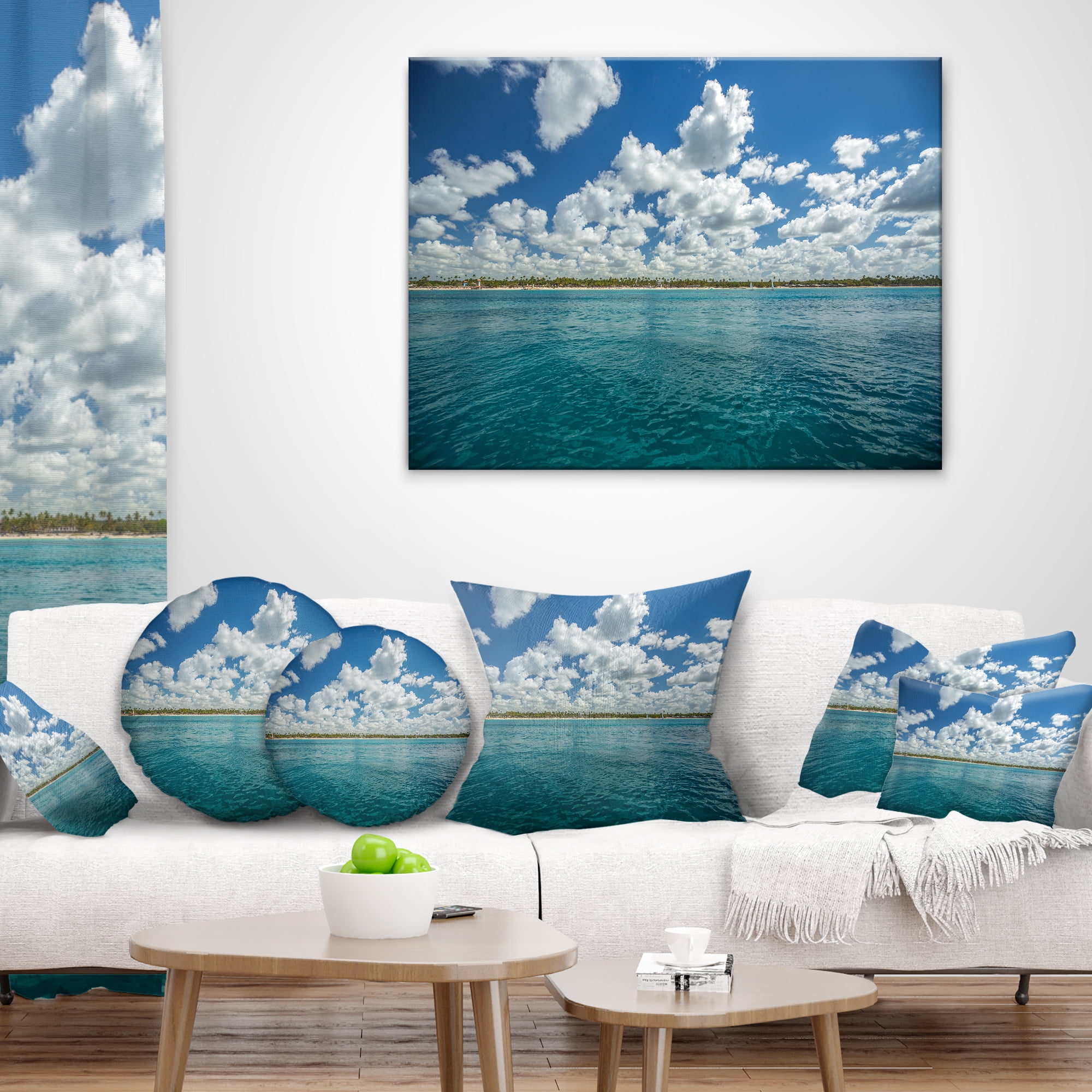 Designart White Fluffy Clouds Over Sea - Oversized Beach Throw Pillow - 12x20