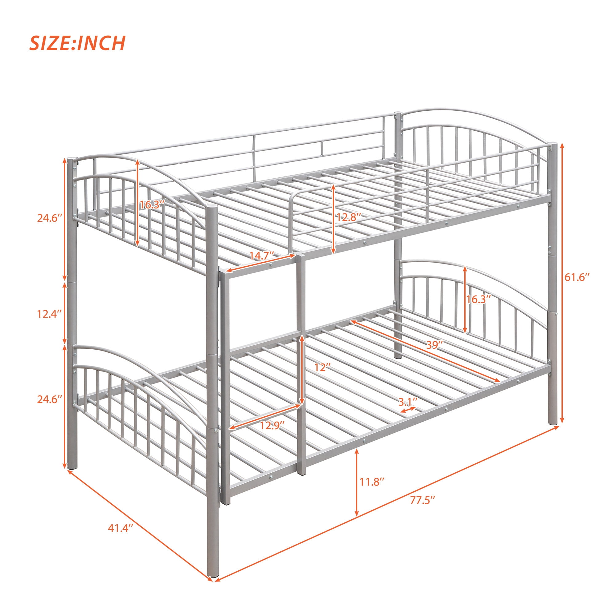 Leumius Twin Over Twin Metal Bunk Bed for Boys Girls Teens,Heavy Duty Metal Bed Frame with Built-in Ladder and Safety Gurdrail,Can be Divided into Two Beds,Silver