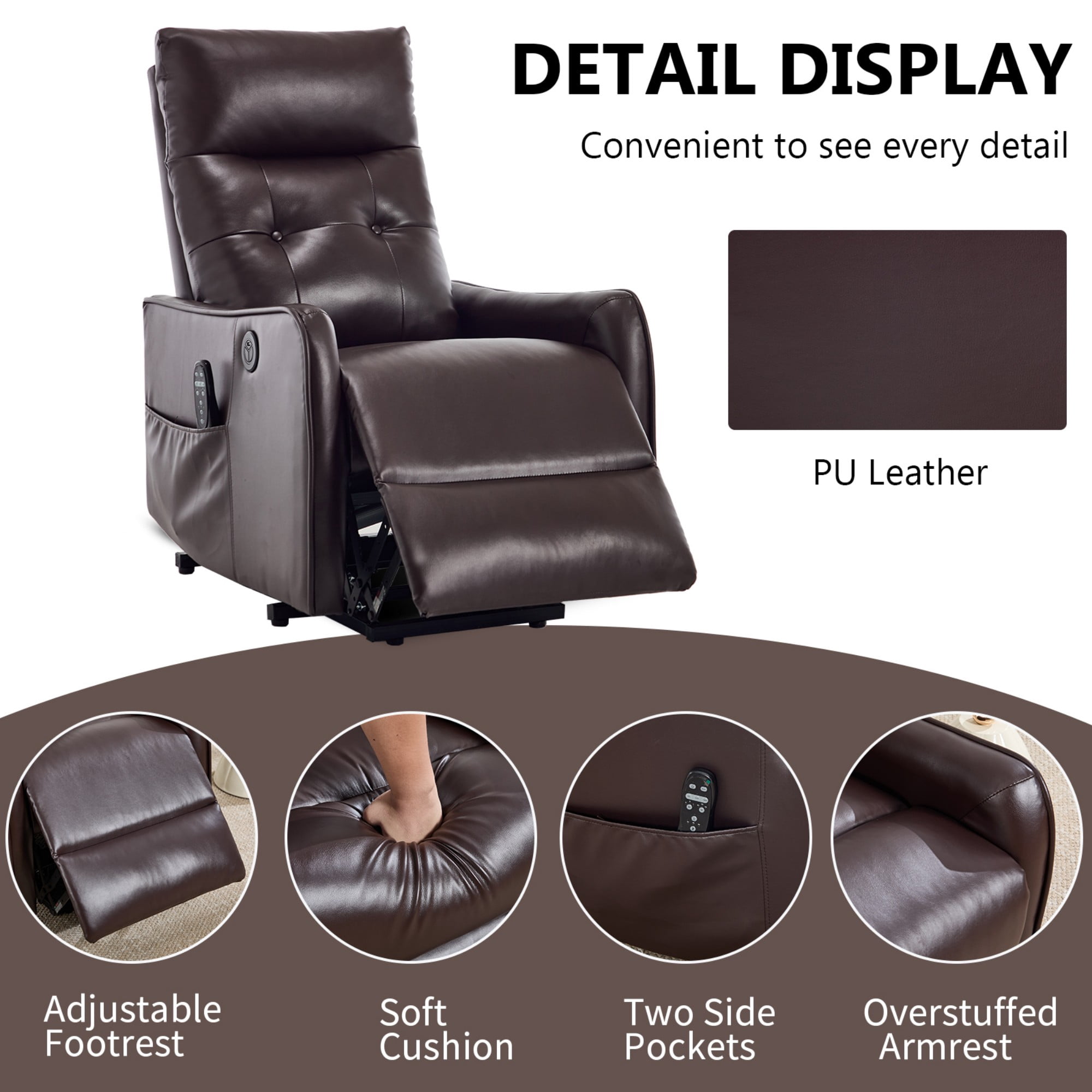 Aukfa Leather Power Lift Recliner Chair for Elderly, Single Motor Electric Chair with Massage, Heat & USB Charging Port, Dark Brown