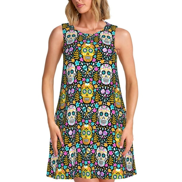 Fotbe Sugar Skulls Vestido de Verano sin Mangas para Mujer – Vestido Midi Línea A, Estilo Camiseta Floral, Vestido Playero Casual y Fluido