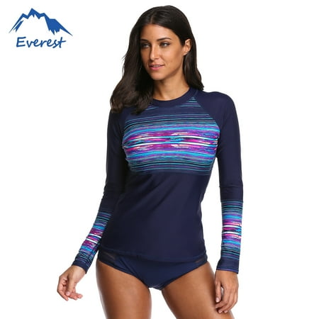 Women's Long Sleeve Rashguard Sun Protection Shirt Banded Crewneck Swimwear Perfect for Surfing, Swimming, (Best Surfing In Usa)
