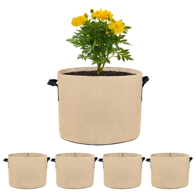 Uxcell 5 Paquete de Bolsas de Cultivo para Plantas de 5 Galones, Macetas de Tela Engrosada de 300G con Asas, Macetas de Jardín Caqui