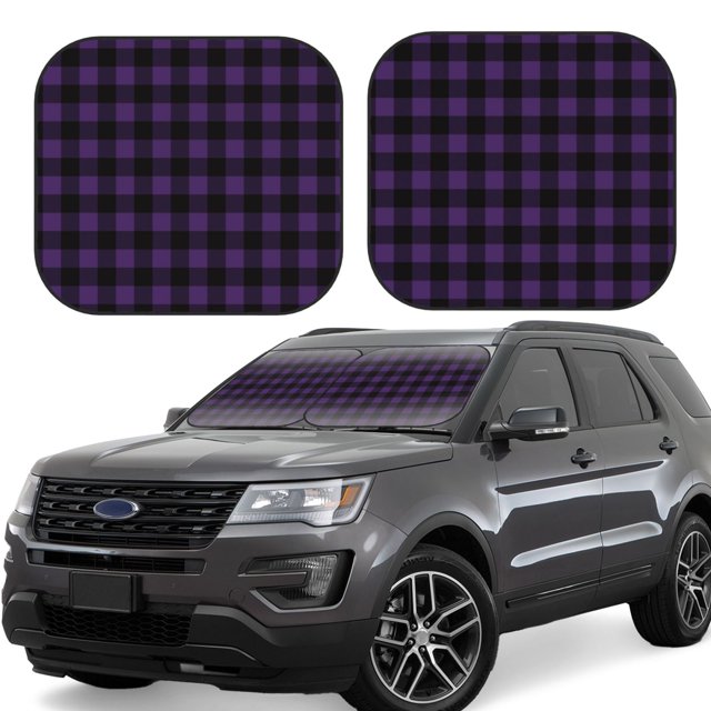 Balery Purple Black Plaid Parasol para parabrisas de coche de 2 piezas | Parasol plegable para parabrisas delantero de coche para la mayoría de sedanes-Small