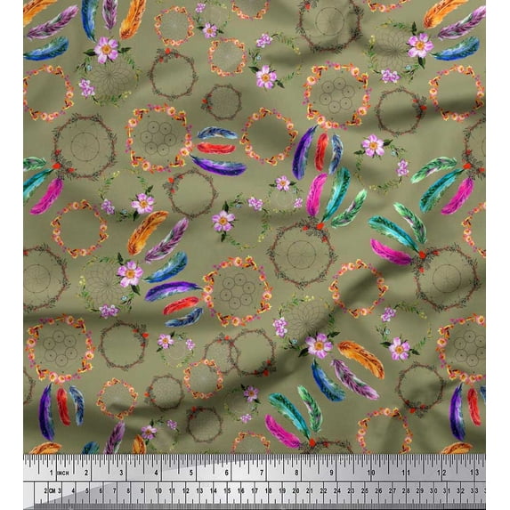 Soimoi Poly Georgette Fabric Wreath & Dream Catcher Home Decor Printed Fabric 1 Yard 42 Inch Wide