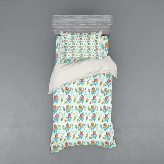 Flower Duvet Cover Set, Circular Blossoms Herbs Leaves and with Geometrical Elements, Bedding Set with Shams and Fitted Sheet, 3 Sizes, by Ambesonne