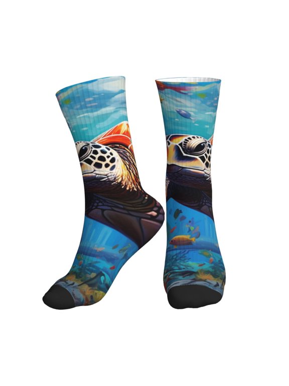 Crew Socks for Women Men Athletic - Colorful Underwater Sea Turtle Soft Comfort Breathable Mid-Calf Sole Running Socks Womens Men