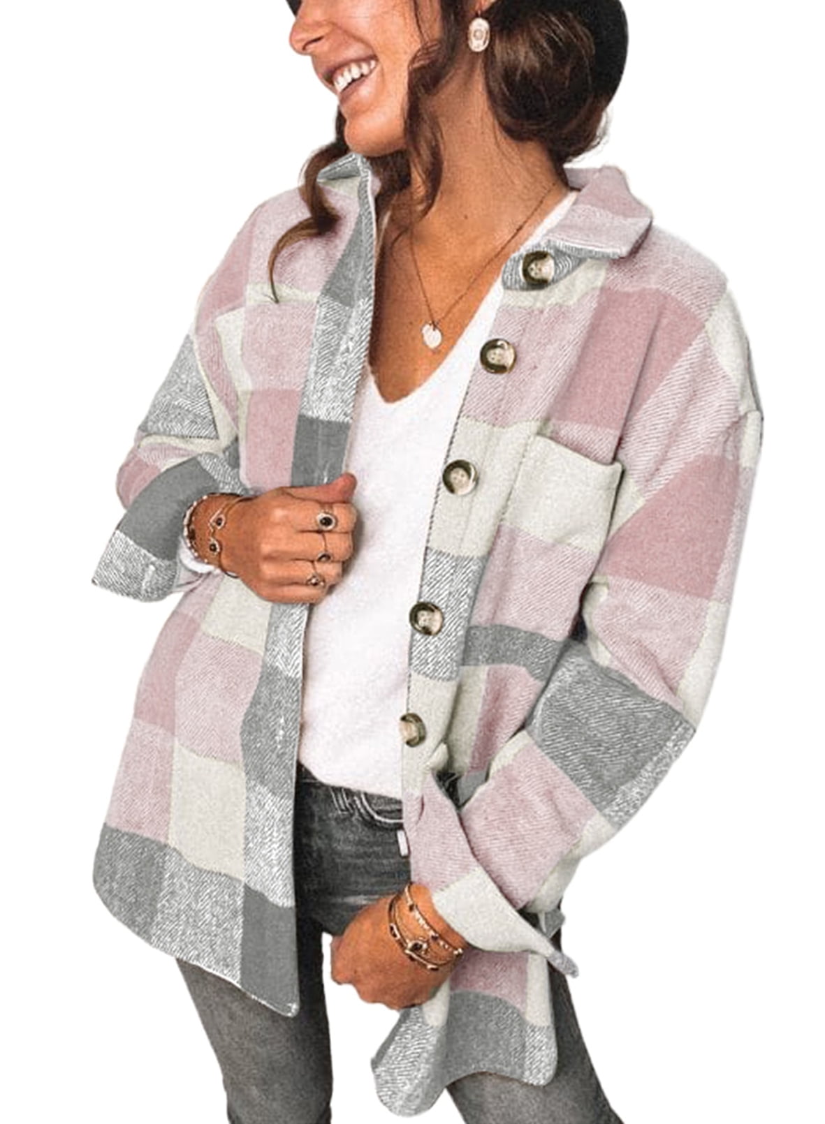 Eytino Women’s Plaid Shacket Jacket Oversized Button Down Long Sleeve ...