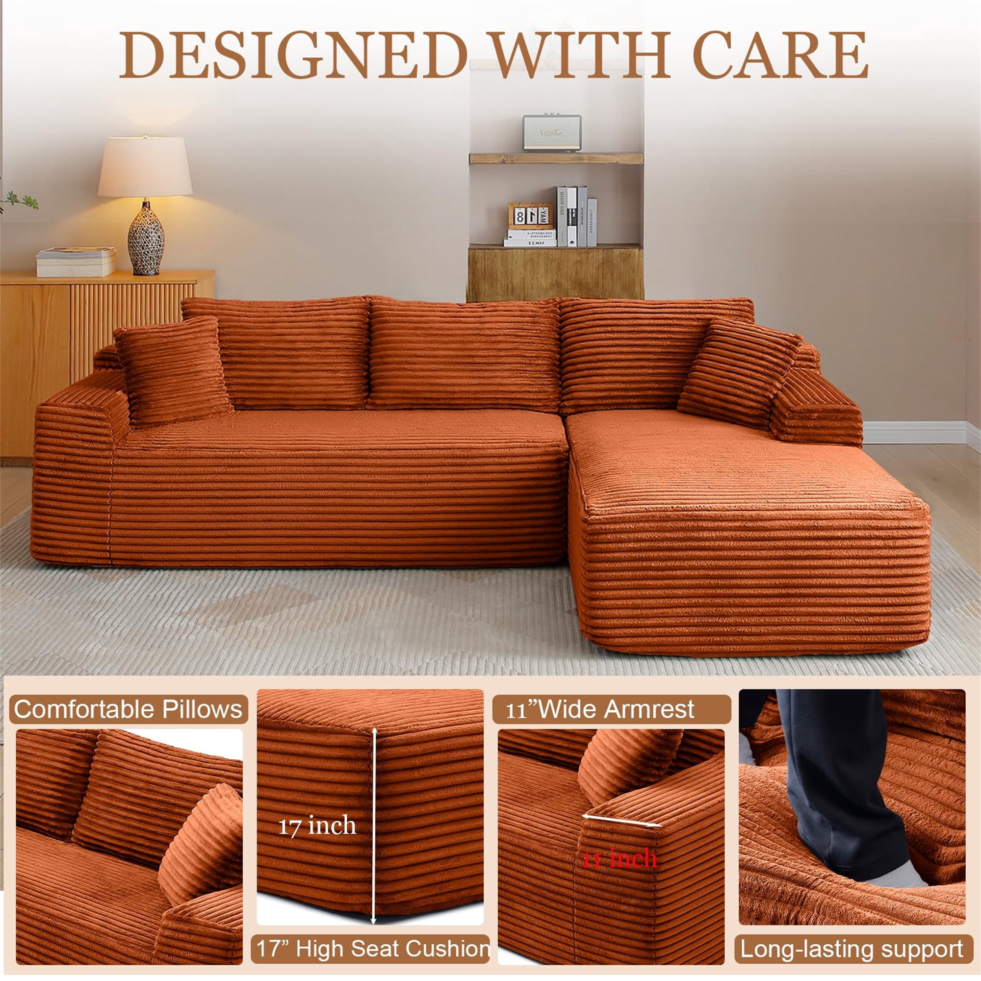 Aukfa 105" Cloud Sectional Sofa Boneless Couch Modular Sofa Bed for Living Room, 2Pillows, Right Chiase, Corduroy, Orange