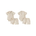 thumbnail image 2 of BemeyourBBs Newborn Baby Boy Summer Clothes Cute Infant Baby Boys 2 Pieces Outfit Short Sleeve Lapel Neck Striped Print Romper and Elastic Waist Pockets Shorts Set, 2 of 9