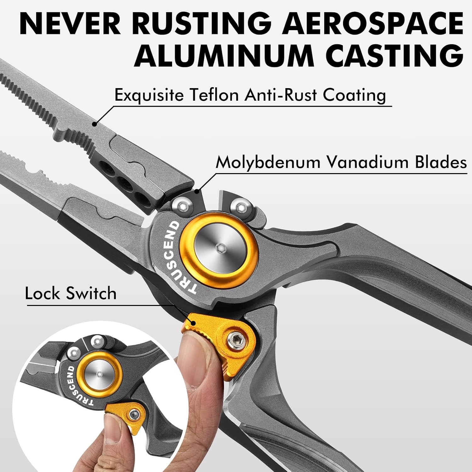TRUSCEND Fishing Pliers, Lockable Handy Fishing Gear with Innovative Ergonomical Handle, Corrosion Saltwater Resistant Teflon Coated Fishing Tool, Multi-Function Fishing Plier with Mo-V Cutter