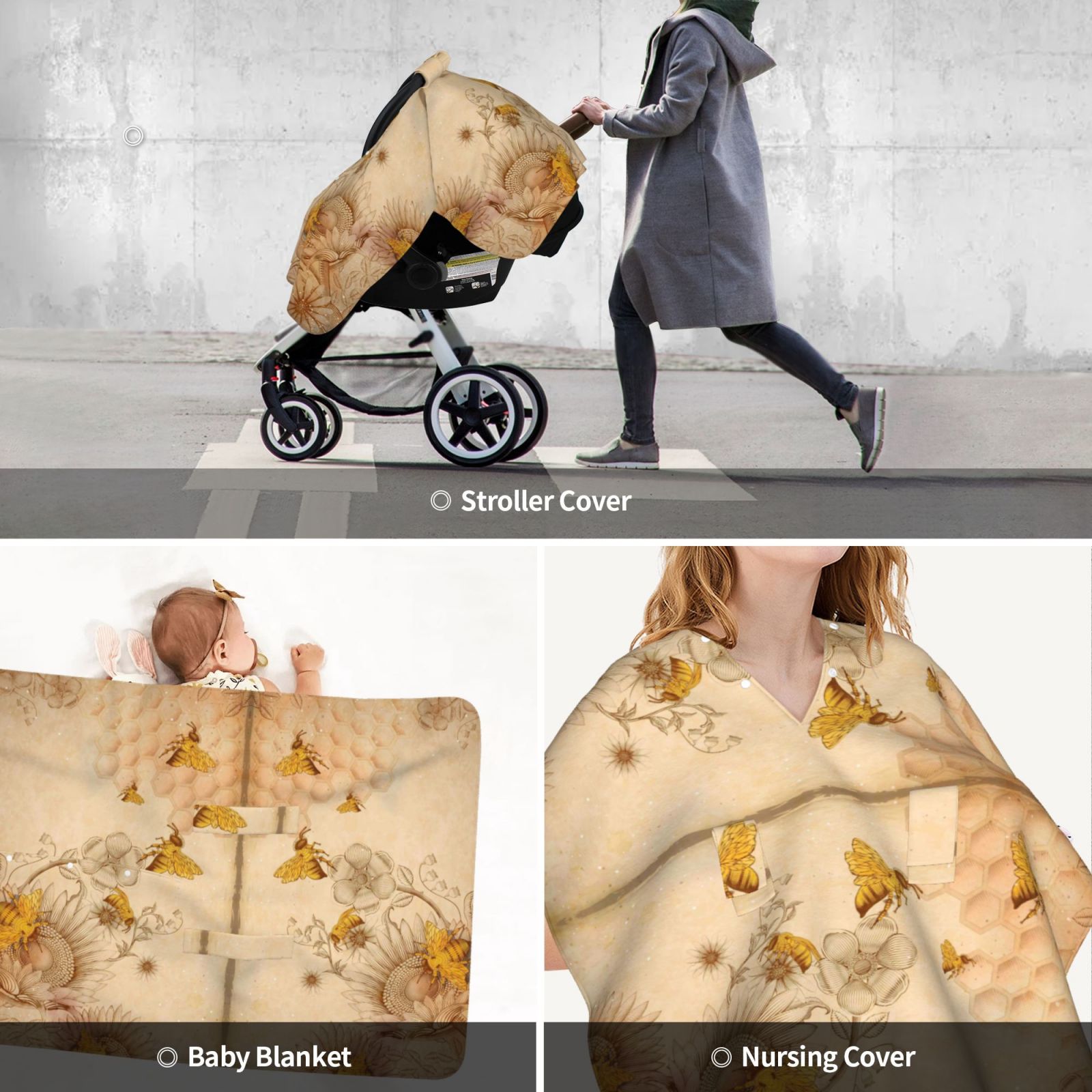 Car Seat Cover Baby - Retro Hand Drawn Honey Bees Sunflowers Breathable Infant Car Seat Cover for Baby Carseat, Lightweight Comfort Baby Essentials Must Haves Newborn Stuff for Girl Boy