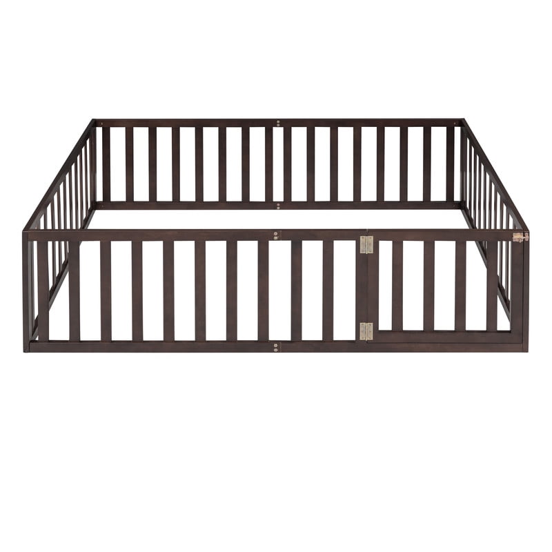 Full Size Floor Bed Platform Bed with Fence and Door, Wooden Montessori Bed Toddler Bed Kids Playhouse Bed with Guardrails for Boys Girls, No Slats