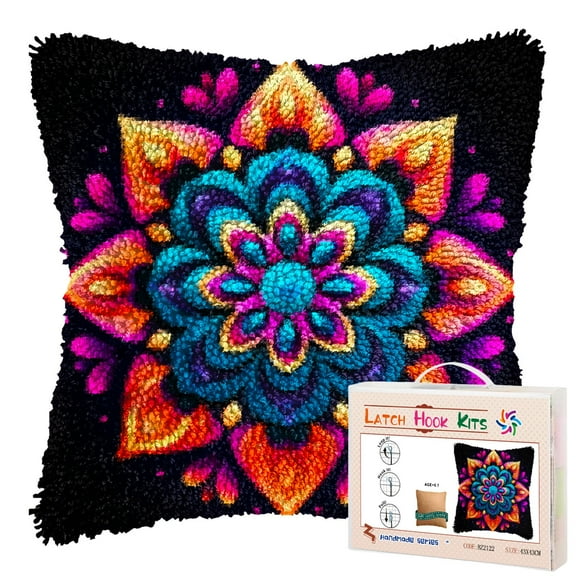 Colorful Flower Mandala Pattern DIY Latch Hook Pillow Kits for Adults Printed Pillowcase Crochet Yarns Hooking Handmade Pillow Cover Cushion for Home Sofa Decoration 17x17inch(7)