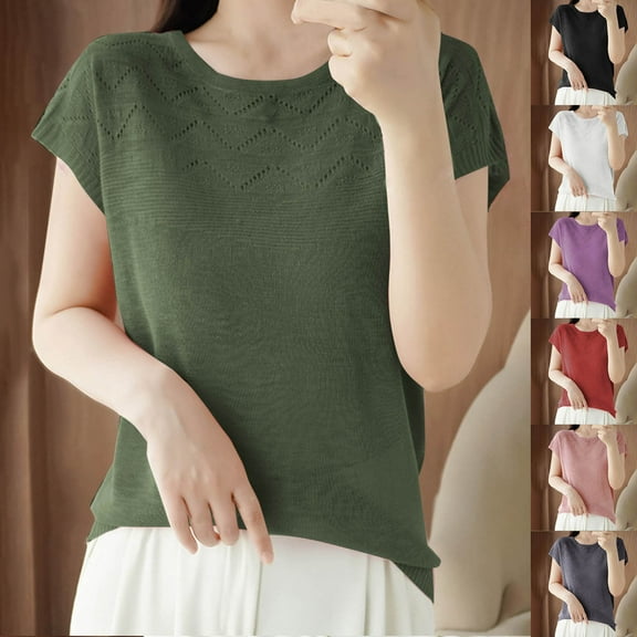 Under $10 Short Sleeve Tops for Women, Xunlbb Fashion Women's Casual Solid Color Knit Short Sleeve Round-Neck Blouses Shirts(Green,M)